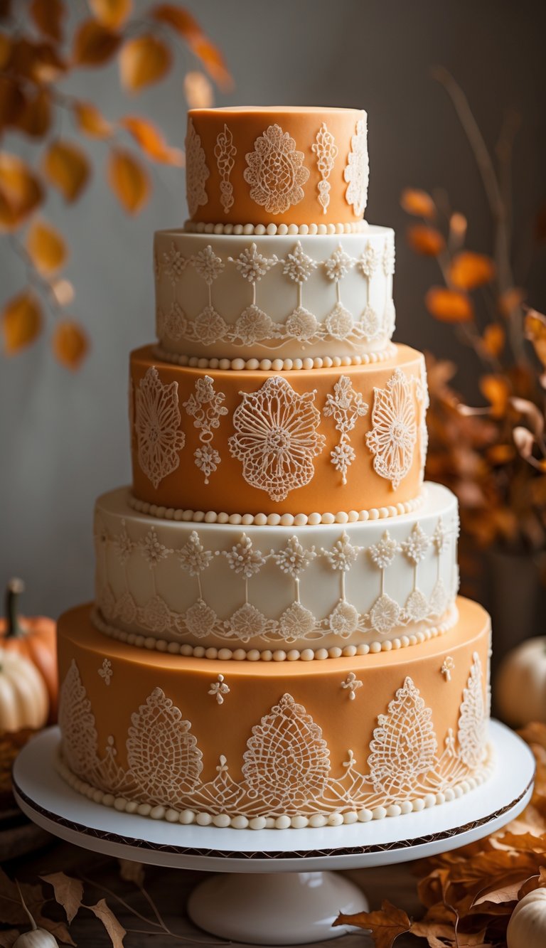 A tiered vintage cake decorated with lace-patterned icing in warm orange and ivory colors on a softly lit surface.